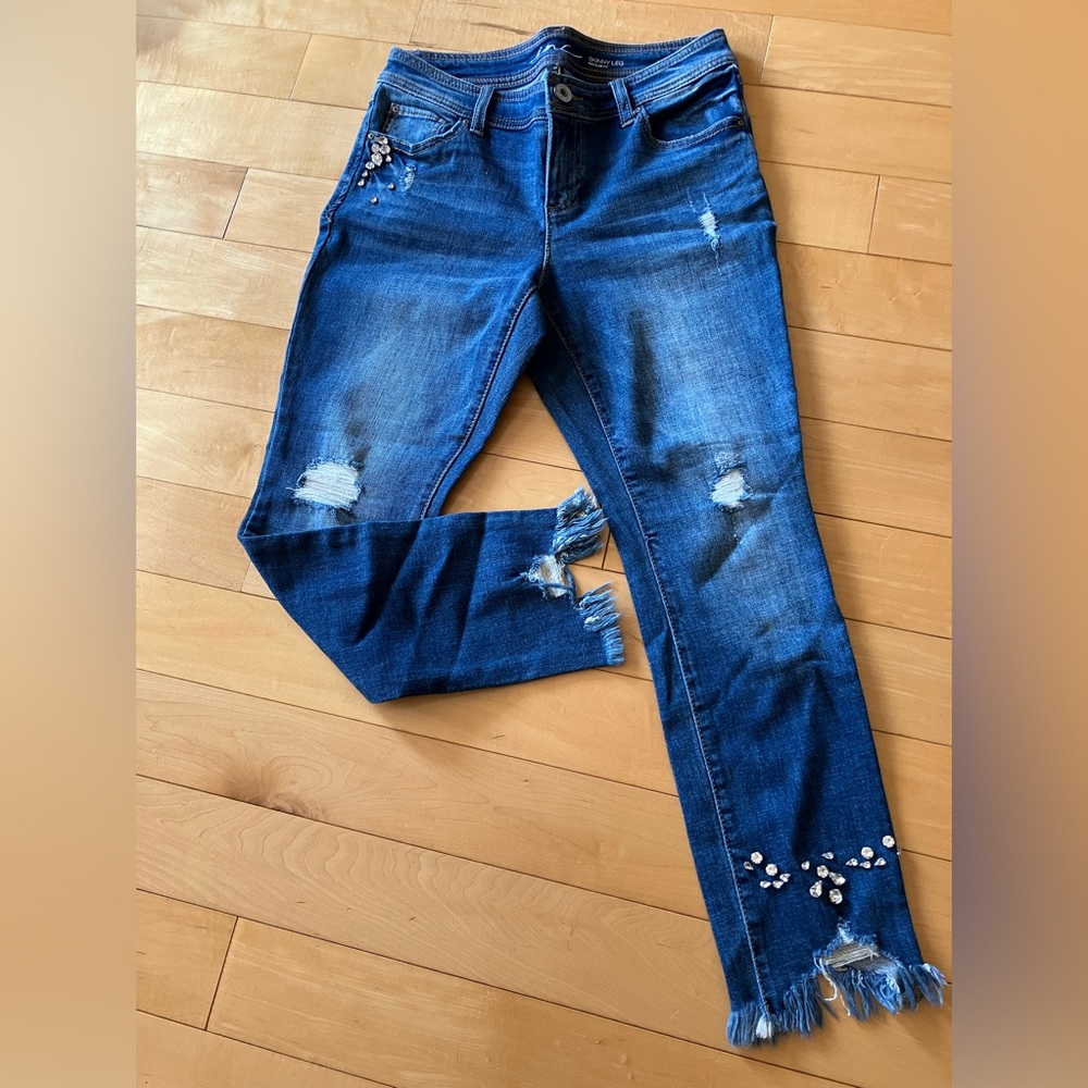 INC distressed cropped jeans with crystal embellishments